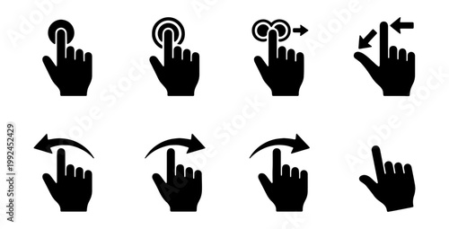 Set of hand gestures icons for touchscreen devices, including tap, double tap, swipe, pinch, and drag gestures