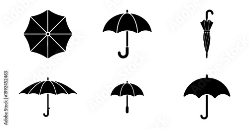 Set of black umbrella icons, vector illustration of various umbrella designs including closed and open umbrellas for rainy weather protection