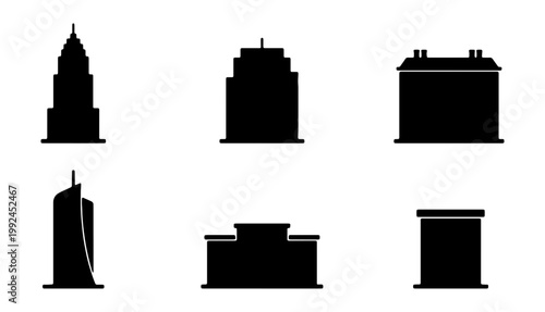Set of black silhouettes of different city buildings and skyscrapers
