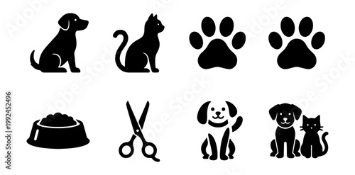 Set of pet icons including dog, cat, paw prints, food bowl, and grooming scissors