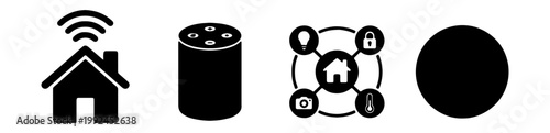 Set of smart home icons including wireless house, smart speaker, home automation network and circular button