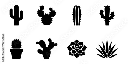 Set of cactus and succulent icons, desert plants silhouettes