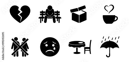 Set of simple black icons representing loneliness, sadness, and solitude, including a broken heart, a person sitting on a bench, and an umbrella in the rain