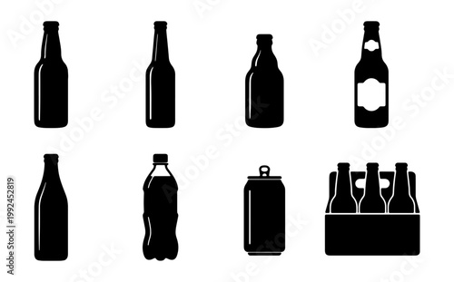 Set of various beverage containers including glass bottles, plastic bottle, aluminum can and a six pack carrier