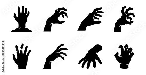 Set of zombie hand silhouettes, scary monster hands reaching out, horror and halloween vector icons