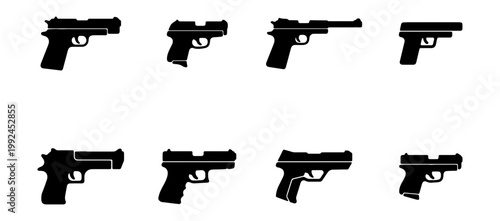 Set of handgun silhouettes, collection of various pistol models, vector icons