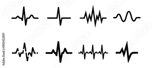 Set of heart beat pulse icons, ekg cardiogram lines