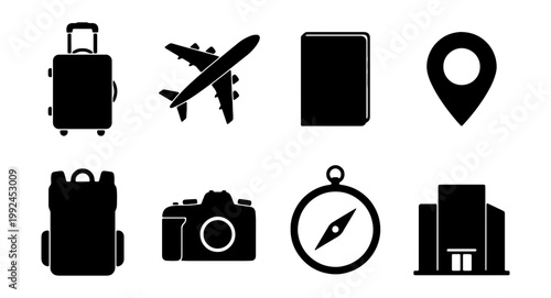 Set of travel and tourism icons including suitcase, airplane, passport, map pin, backpack, camera, compass and hotel building