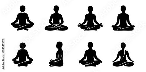 Set of meditation icons, yoga poses, people sitting in lotus position, vector illustration