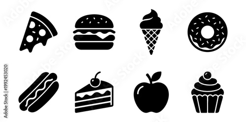 Set of fast food and dessert icons, including pizza, burger, ice cream, donut, hot dog, cake, apple, and cupcake