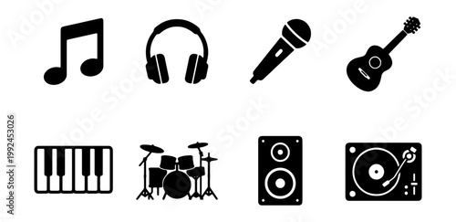 Set of musical instruments and audio equipment icons, including musical note, headphones, microphone, guitar, piano keyboard, drum kit, speaker and turntable