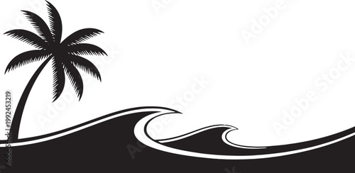 Black and white silhouette of a palm tree standing on a beach with stylized ocean waves. Vector graphic representing a tropical paradise.