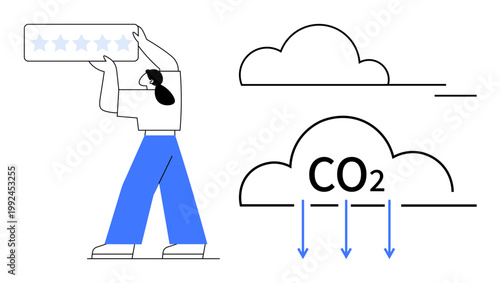 Carbon neutrality, environmental impact, sustainability, carbon emissions, climate responsibility, eco-consciousness. Person holding a rating icon, cloud marked CO2 with arrows. Carbon neutrality