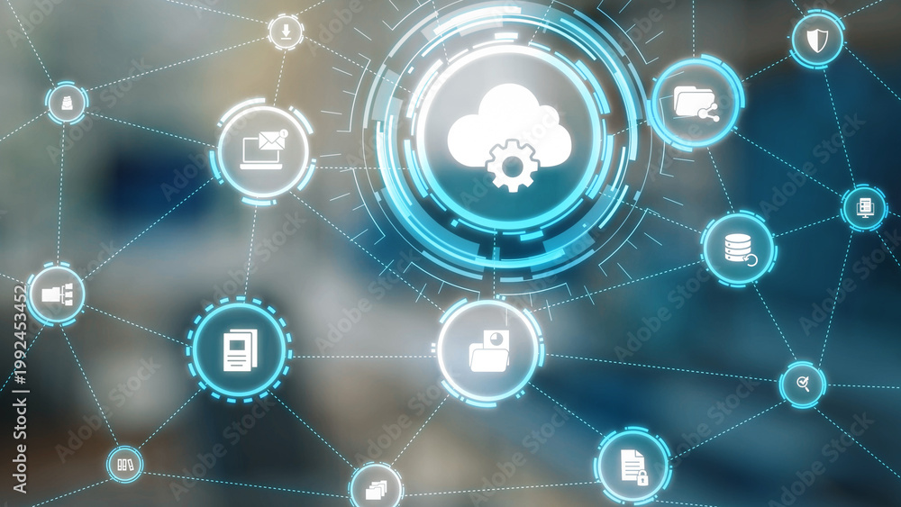 Naklejka premium Concept design of managing online documents with cloud storage, digital file management, and secure sharing. Online documents improve workflow, online documents enhance security. Gist