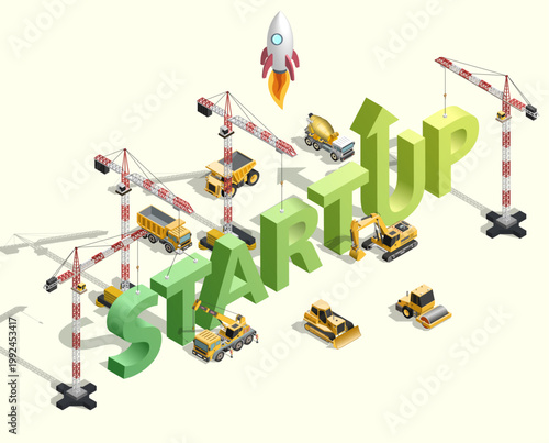 Startup concept with construction cranes building word startup and rocket launch. Isometric business growth, innovation and development illustration