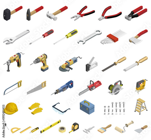 Set of construction and repair tools icons. Isometric hand and power tools collection for building, carpentry and engineering illustration