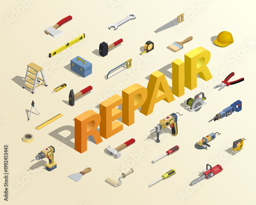 Home repair and renovation concept with isometric construction tools and equipment. Vector illustration