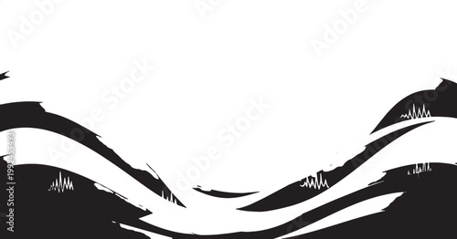 Abstract black brush strokes and wavy lines forming a dynamic border or background element. Textured monochrome vector design.