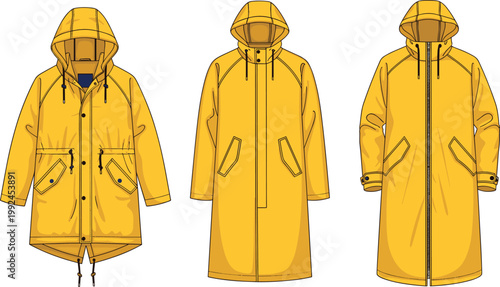 Yellow raincoat vector set with front and back views, waterproof hooded jacket design, detailed outerwear illustration for fashion, apparel mockup and clothing template use