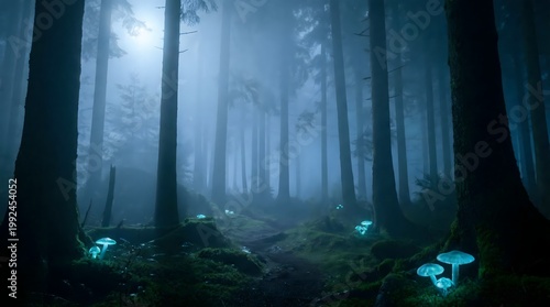 Bioluminescent mushrooms glow on a forest floor in eerie blue light.