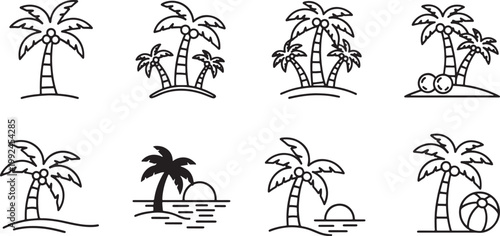 Tropical Palm Tree Icons: Coastal Scenery and Island Paradise Vector Graphics Set