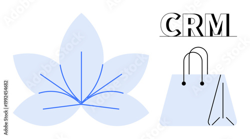 Customer experience, marketing strategy, e-commerce, brand management, growth, nature. A minimal shopping bag, leaf motif and CRM text. Customer experience and marketing strategy