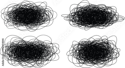 Four black scribble clusters on white background, abstract