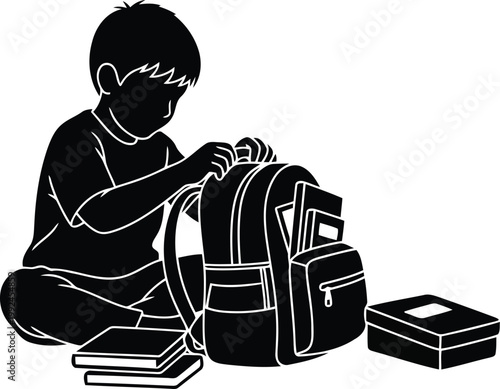 Flat vector illustration, white background. A simple kid sitting on floor packing a backpack with books and a lunchbox. Minimalist, clean lines, soft pastel colors . No shadows.