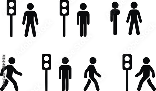 Pedestrian crossing silhouette icons a collection of black figures and traffic signals