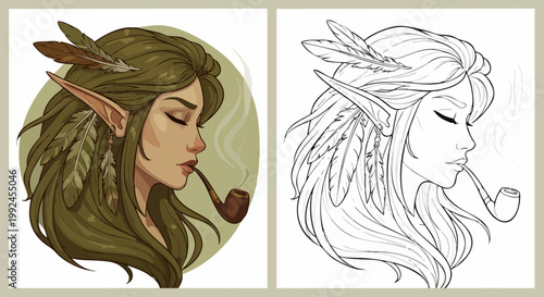 Fantasy elf woman portrait with feathers and smoking pipe, mythical forest creature character design, coloring book page and colored vector illustration