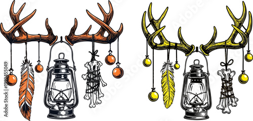 Rustic deer antlers with vintage lantern and feathers, bohemian tribal hunting trophy vector, hand drawn wilderness decor elements with hanging ornaments
