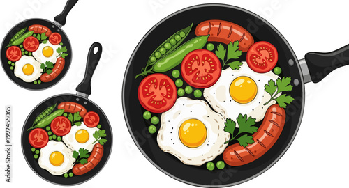 Traditional English breakfast in frying pan vector, fried eggs with sausages and tomatoes illustration, healthy morning meal with green peas and herbs