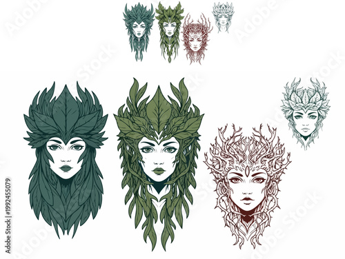 Mystical forest goddess vector set, ethereal nature spirit portraits with leaf and branch crowns, green and earthy feminine deities for fantasy branding
