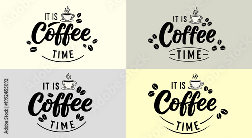 Retro coffee time typography set, vintage cafe lettering with coffee beans and cup icons, 4 vector badge designs for coffee shop branding