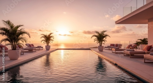 Luxury poolside scene at sunset with palm trees and ocean view
