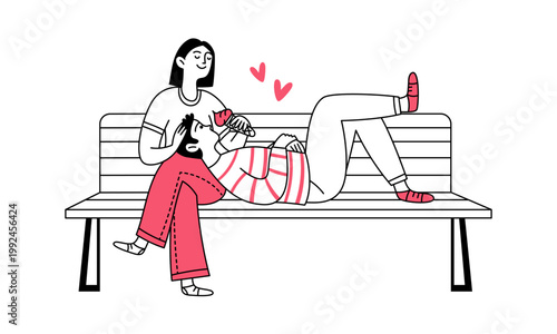 Doodle people. A loving couple on a bench, the woman sitting, the man lying down and eating ice cream. Romantic atmosphere. Vector linear illustration