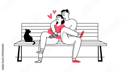 Doodle people. A loving couple sitting on a bench. Romantic atmosphere and a cat. Vector linear illustration