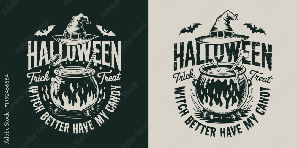Obraz premium Halloween holiday emblem featuring witch cauldron and spooky elements.