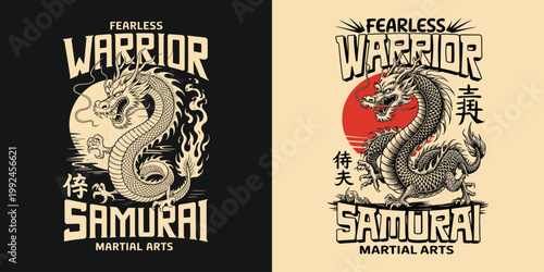 Fearless samurai warrior dragon with japanese sun and fire illustration.