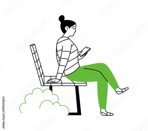 Doodle woman sitting on a bench and using a smartphone. Park, nature, relaxation. Vector linear illustration