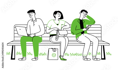 Doodle people sitting on a bench. Men and a woman. Using a smartphone and laptop. Vector linear illustration