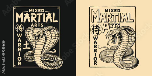 Mixed martial arts warrior cobra snake black and white illustration.