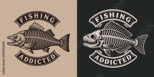 Fishing addicted bone fish skeleton black and white illustration.