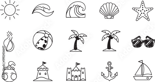 Simple hand-drawn summer vacation doodles, including sun, waves, palm trees, beach ball, and sandcastles