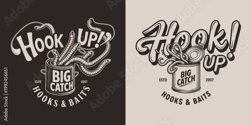 Hook up fishing bait label with worms inside metal can and lettering.