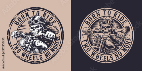 Vintage motorcycle emblem with skull rider and custom chopper machine.