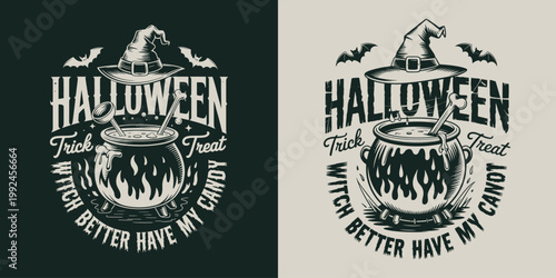 Halloween holiday emblem featuring witch cauldron and spooky elements.