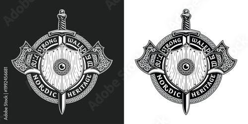 Nordic heritage viking shield and axes emblem for heraldry design.
