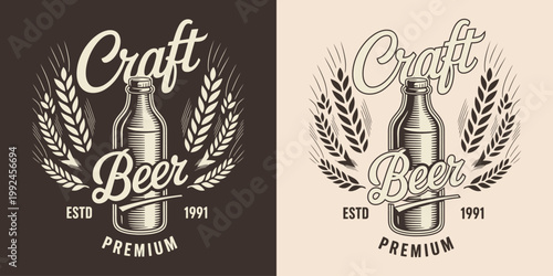 Craft beer glass bottle emblem with wheat ears for brewery identity.
