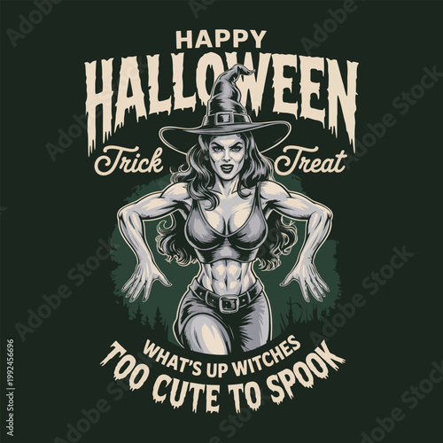 Strong witch character for halloween party poster with muscle body.